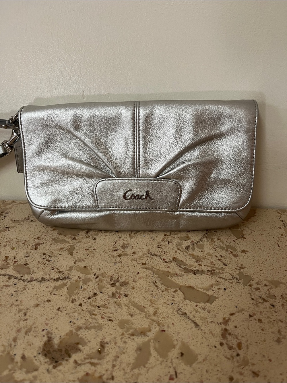 Coach Metallic Silver Leather Wristlet Clutch